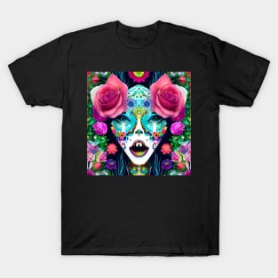 Day of the Dead Inspired Painted Woman Face with Flowers T-Shirt